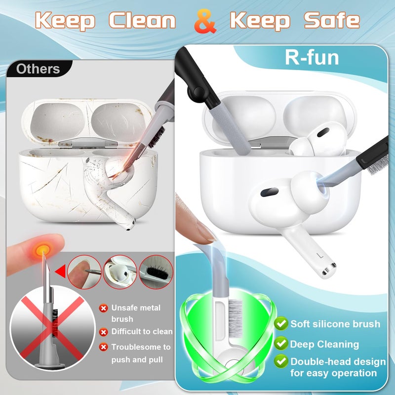 R-fun for AirPods Pro 2 Case, Soft Silicone Protective Cover with Cleaning Kit & Keychain, Support Wireless Charging, Compatible with Apple AirPods Pro 2nd/1st 1st Generation, Black - Image 5